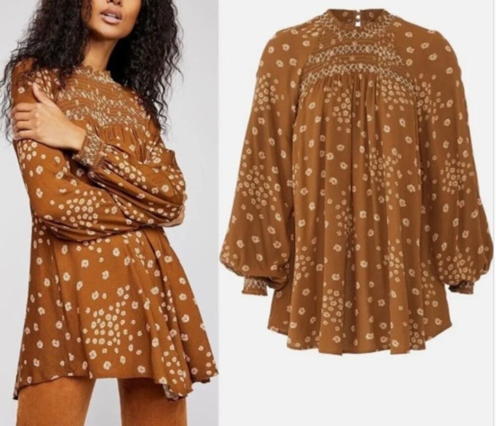 154 NWT Free People Flowers In Her Hair Smocked Tunic/Dress | Chestnut | XS